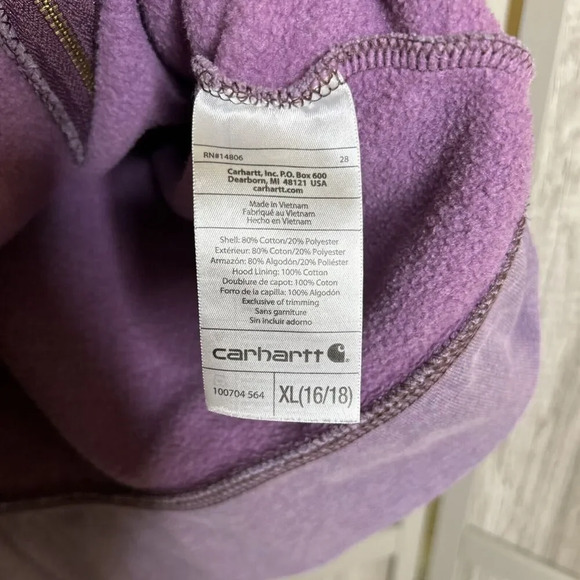 Carhartt Teen Hoodie Full Zip Large Embroidered Logo Purple Color Size XL 16-18 - Picture 5 of 9
